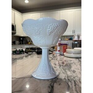 Vtg Harvest Colony Grape Pedestal Milk Glass Compote Bowl No Lid 7 1/2” X 7